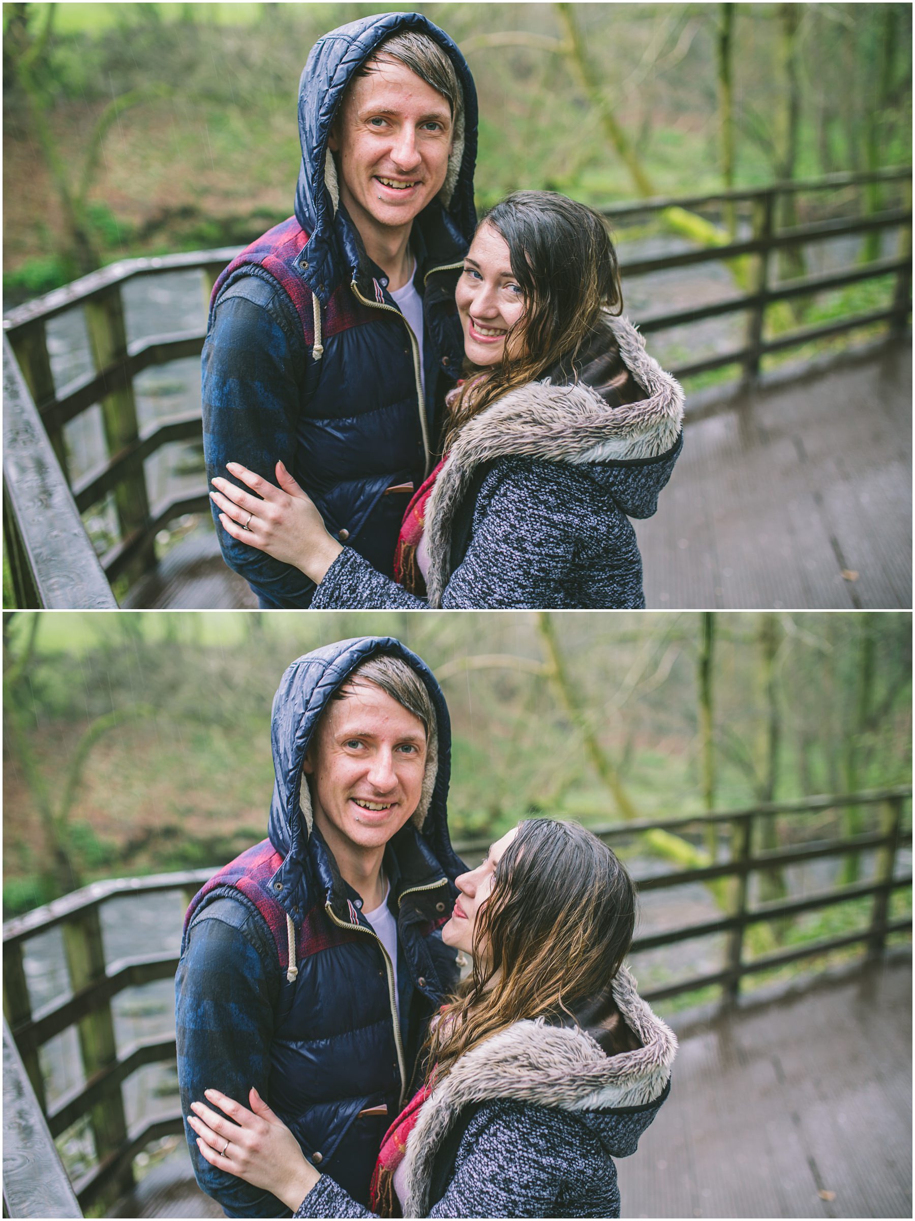 a happy couple embrace in the rain at yarrow valley park