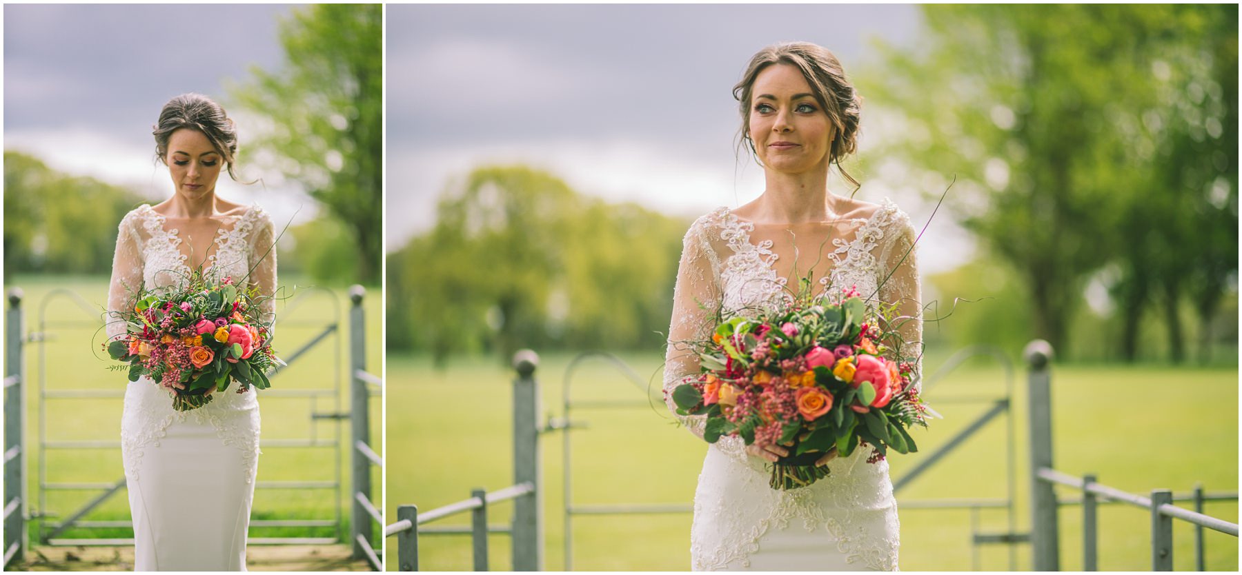 Bride holds her flowers created by Red Floral Architecture