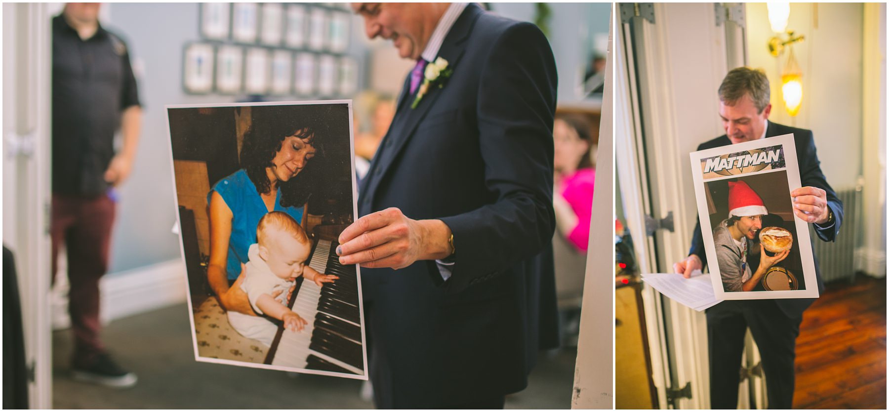 Father of the bride showing off embarrassing photos during his speech