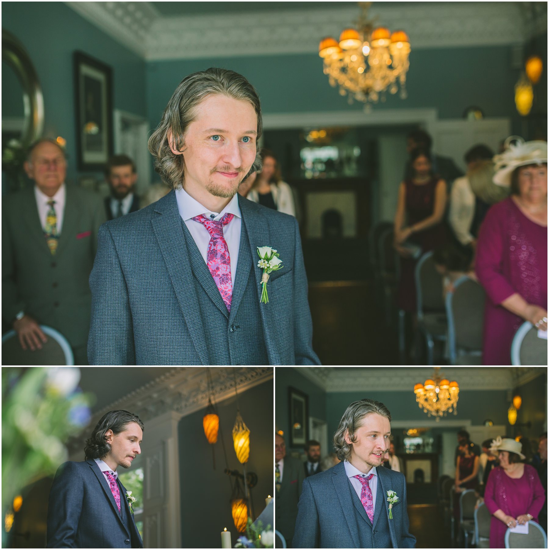 Groom waits for his Bride in the Blue Room at Didsbury House