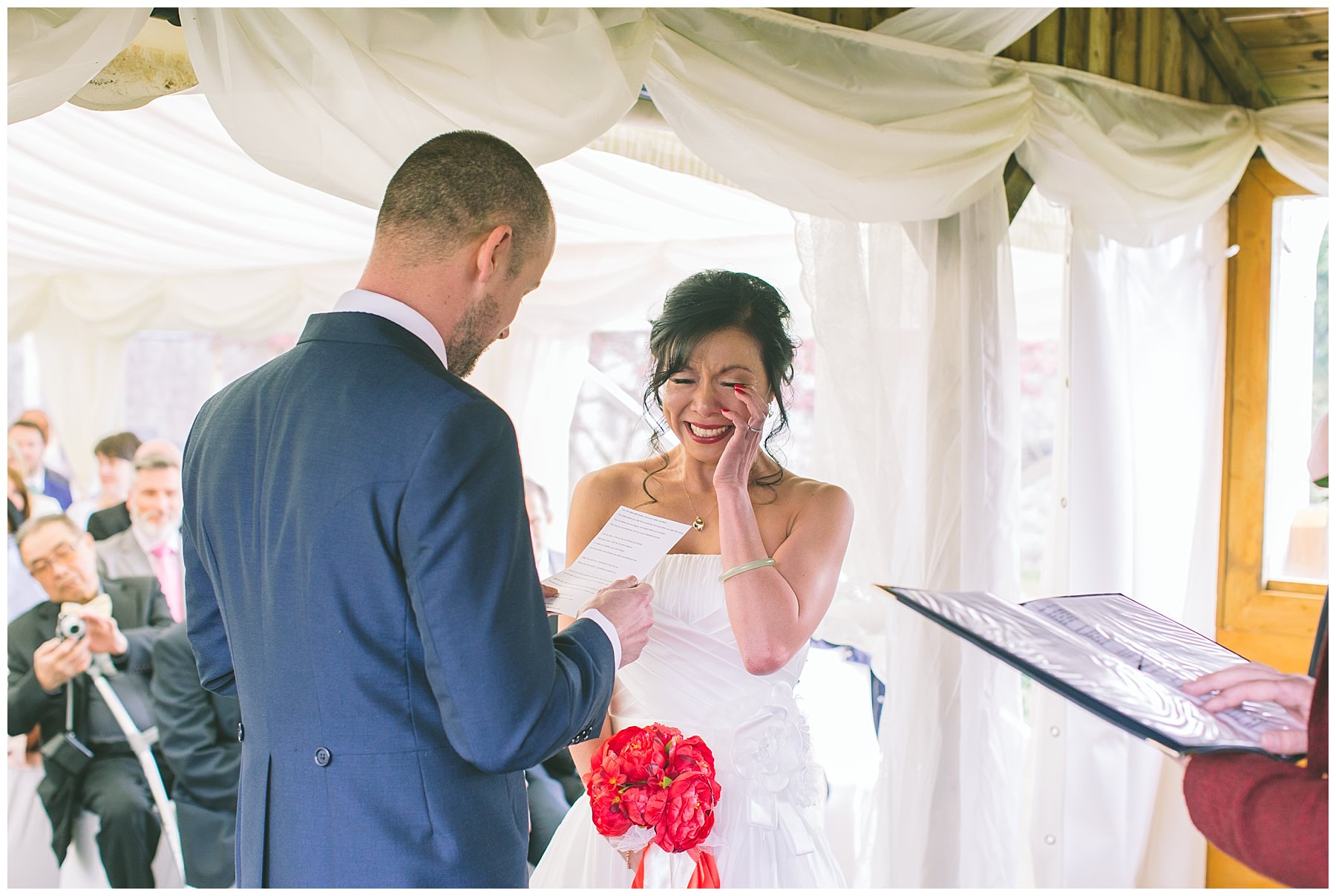 Bride laughs and cries during pentre mawr wedding