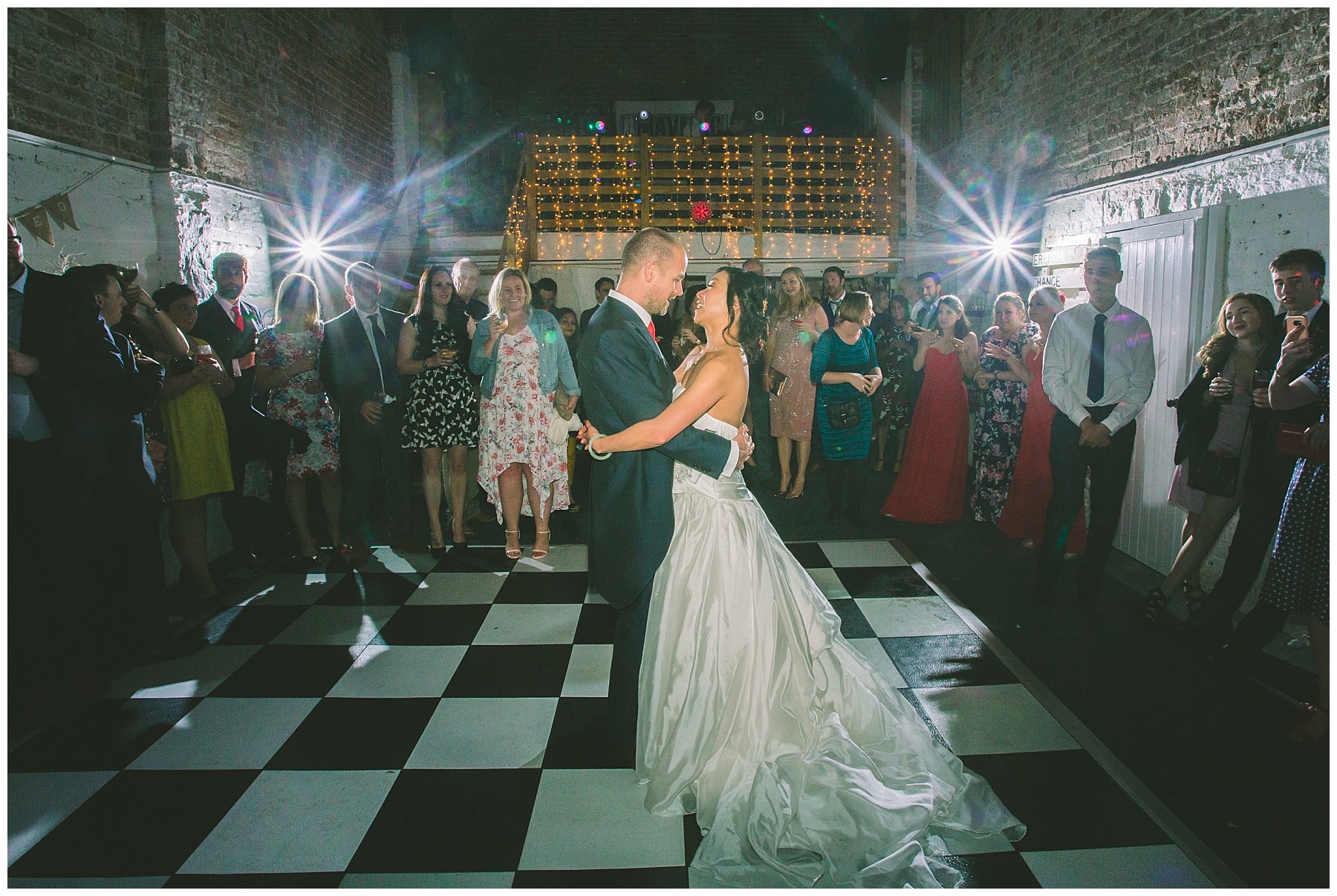 The happy couple take to the floor for their first dance in the barn at Pentre Mawr