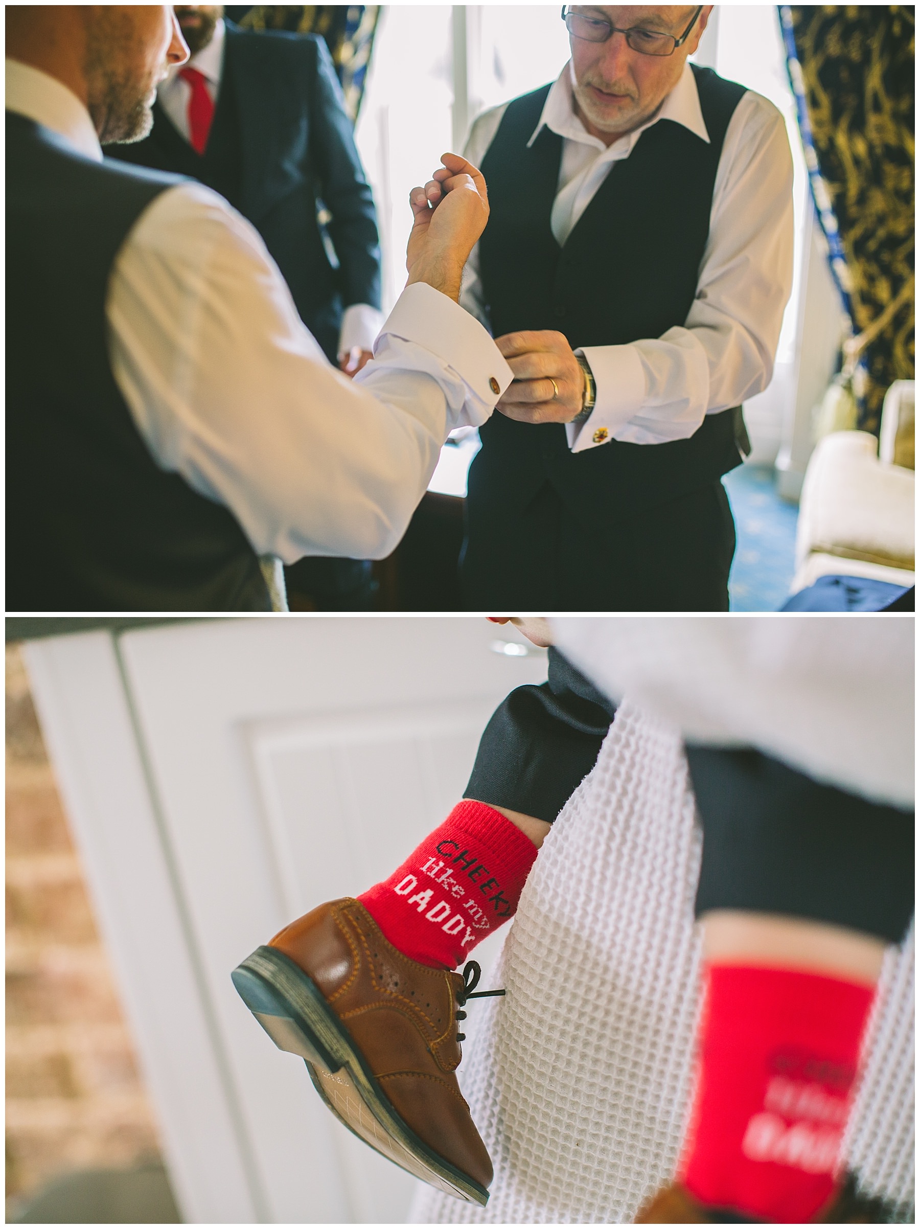 Grooms father helps with cufflinks