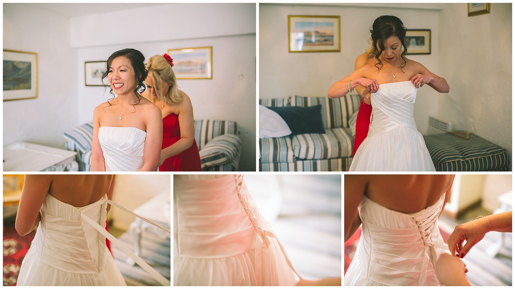Bride gets her wedding dress on at Pentre Mawr