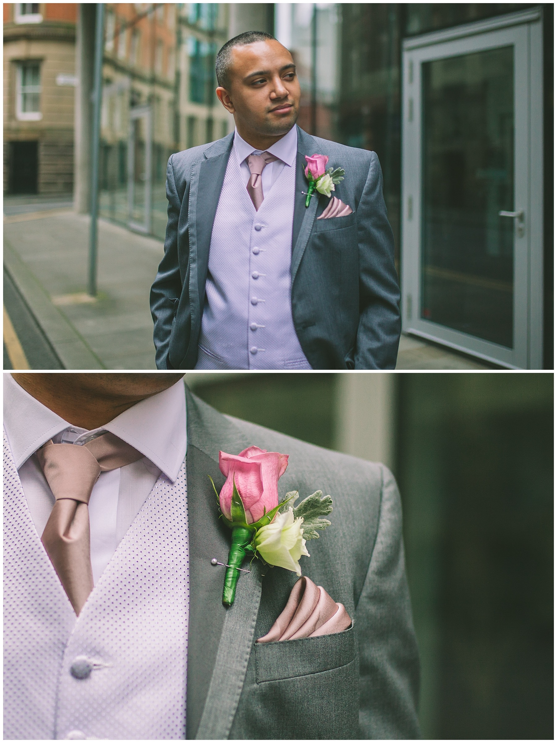 Groom portrait outside King Street Townhouse Manchester
