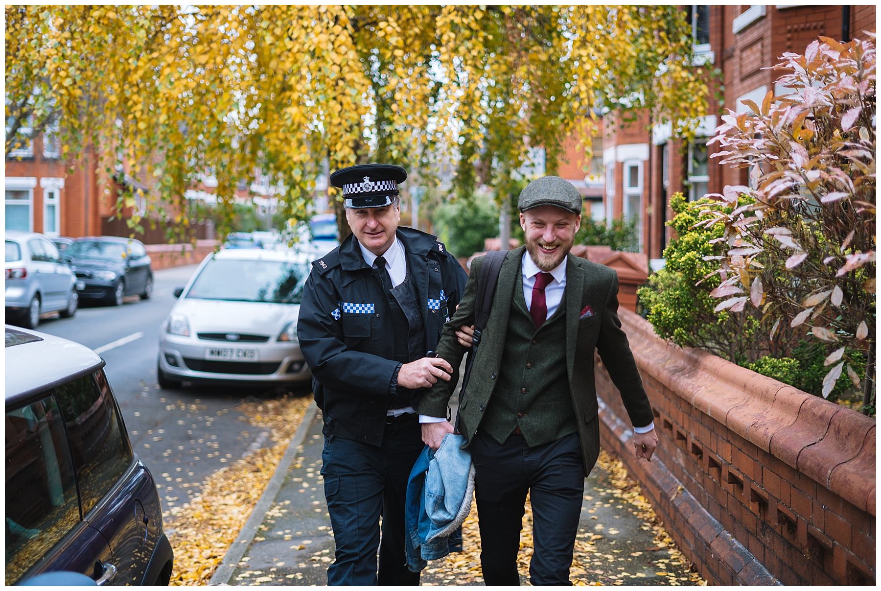 groom is marched back to house by dad