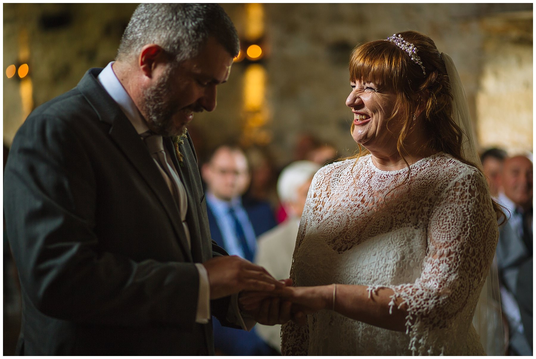 Bride and Groom exchange wedding rings at healey barn