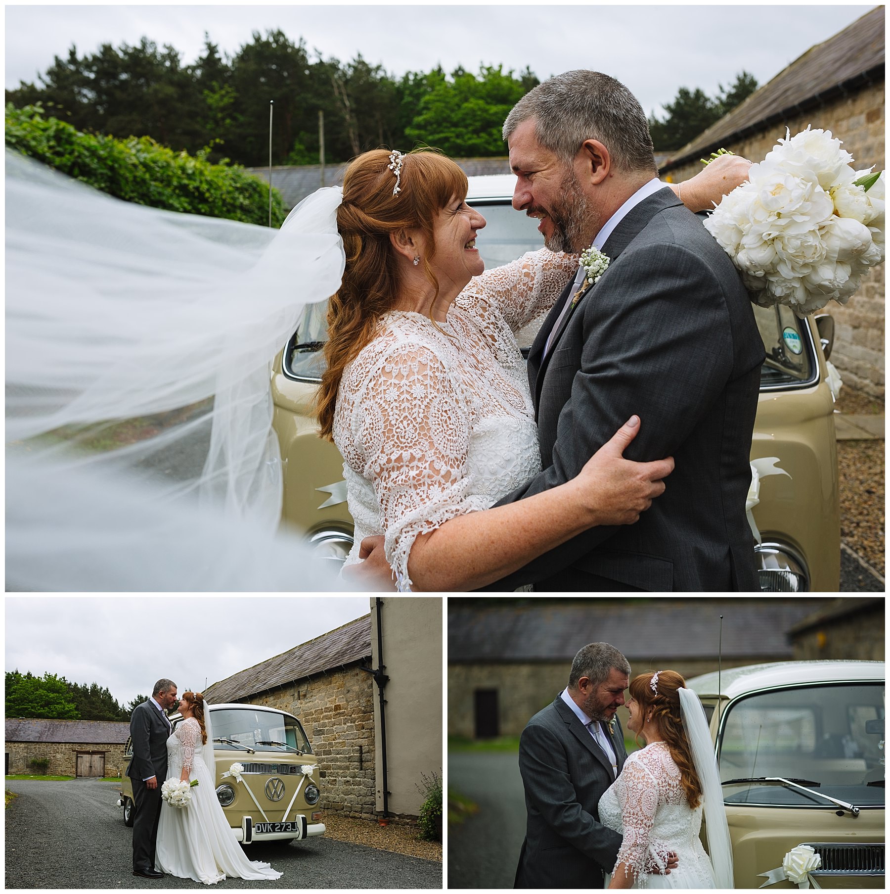 beautiful bridal portraits with retro volkswagen camper van