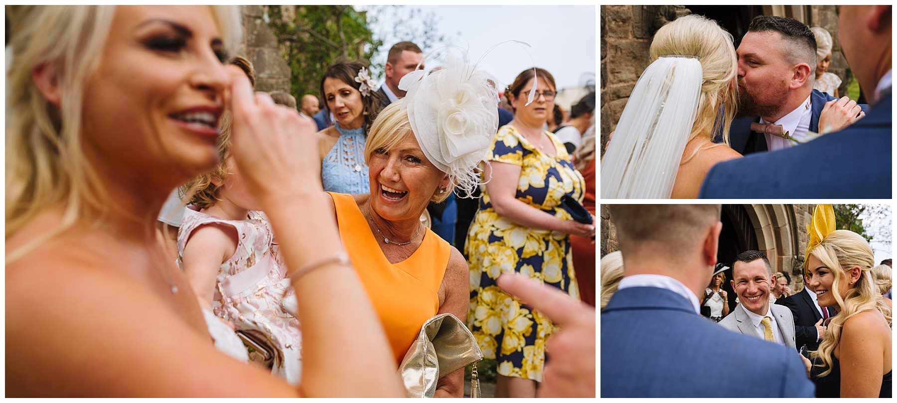 wedding guests congratulate bride and groom
