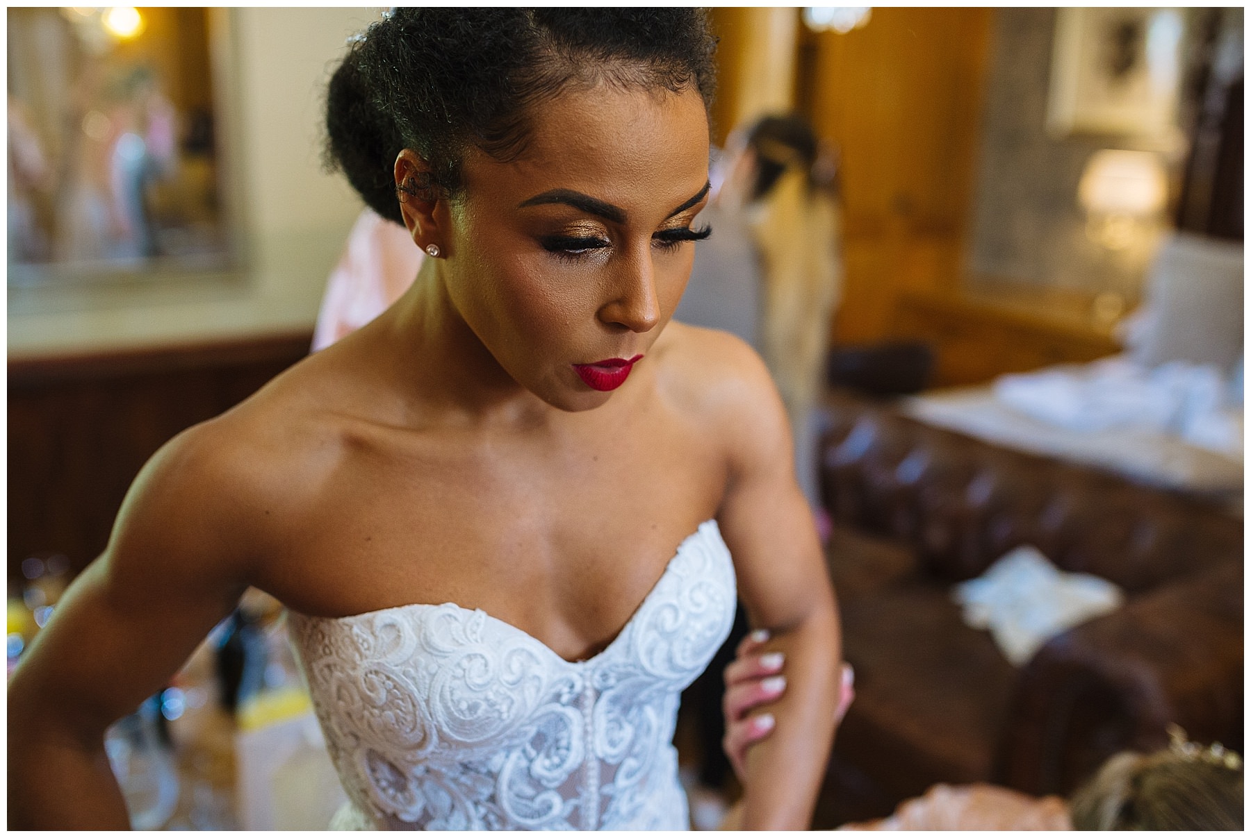 nervous bride steps into her designer Riki Dalal dress