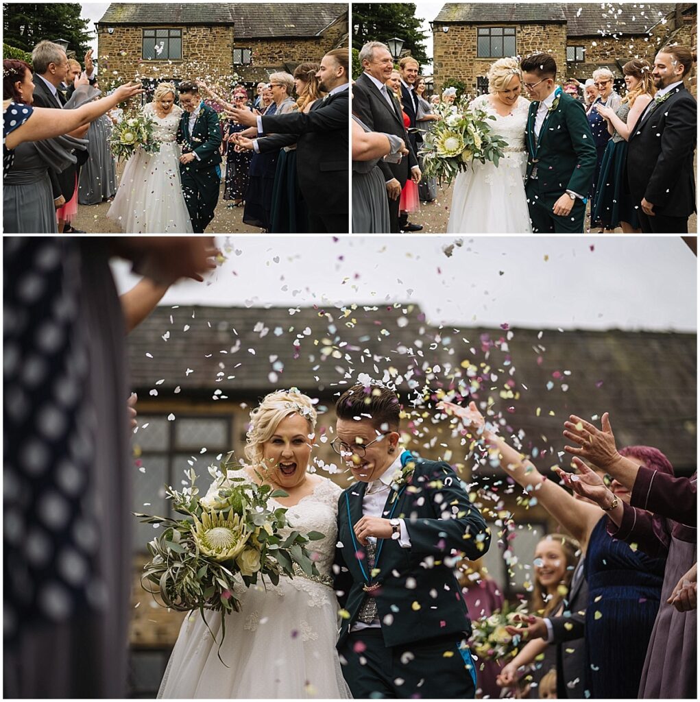 two brides showered by confetti at hyde bank farm