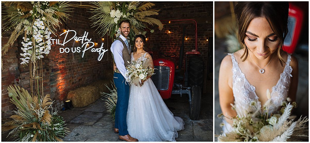 Bride and Groom in the tractor shed at stock farm