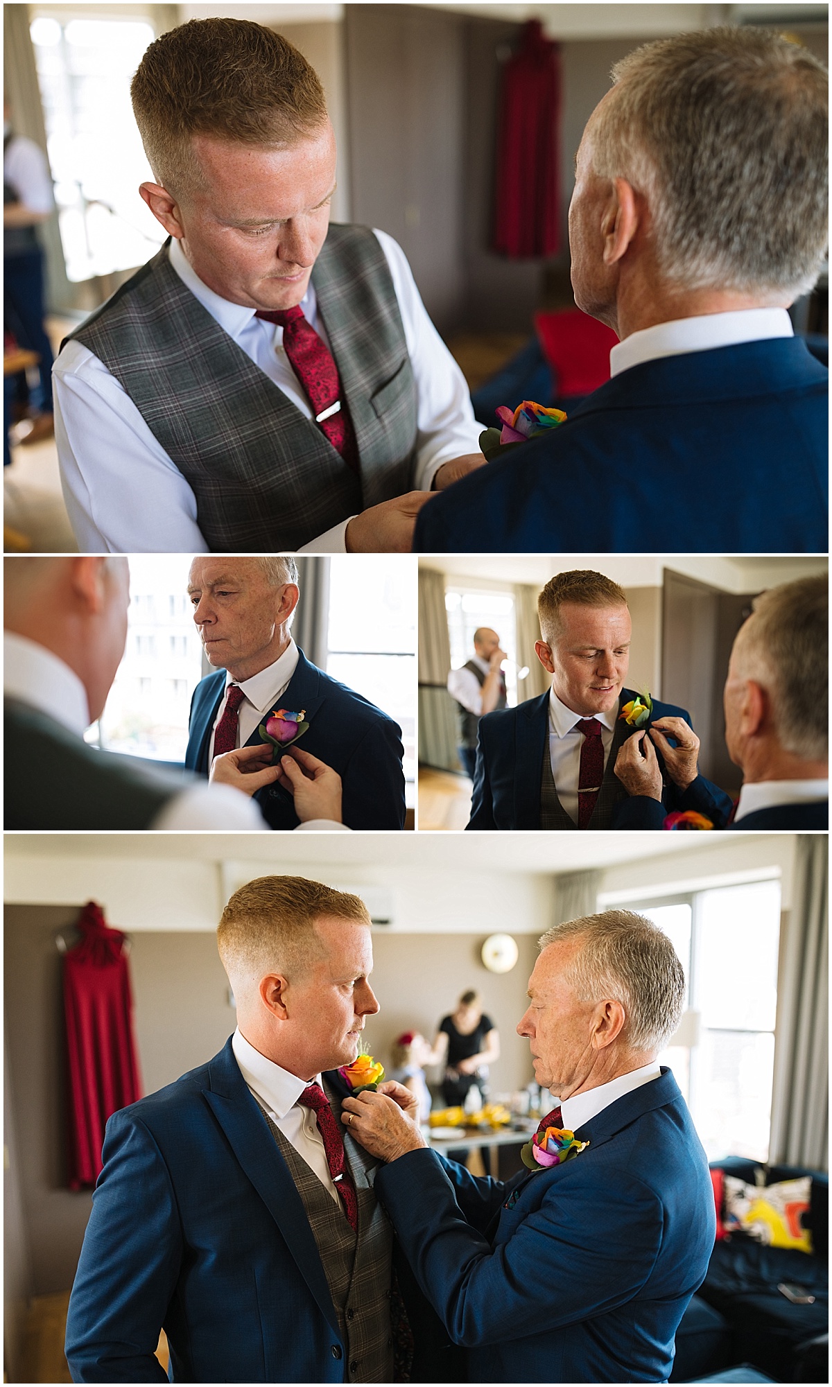 Groom helps dad with button hole