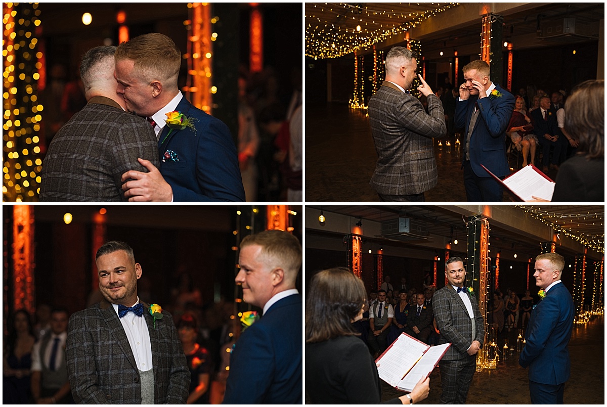 Two Grooms at Victoria Warehouse Wedding Share an emotional embrace