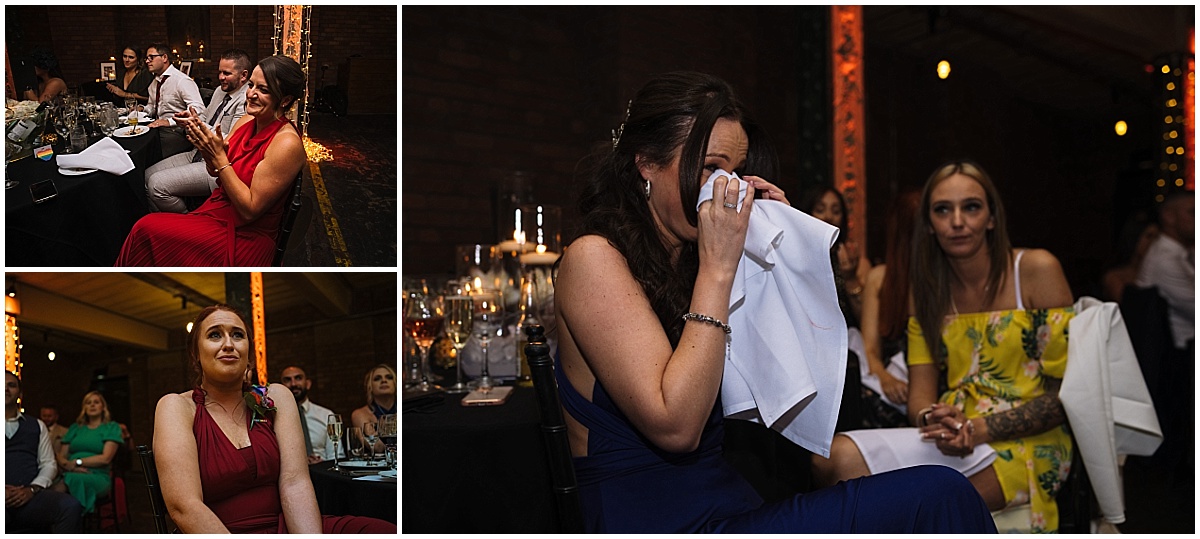 guests react to heartfelt speeches at Victoria Warehouse Wedding