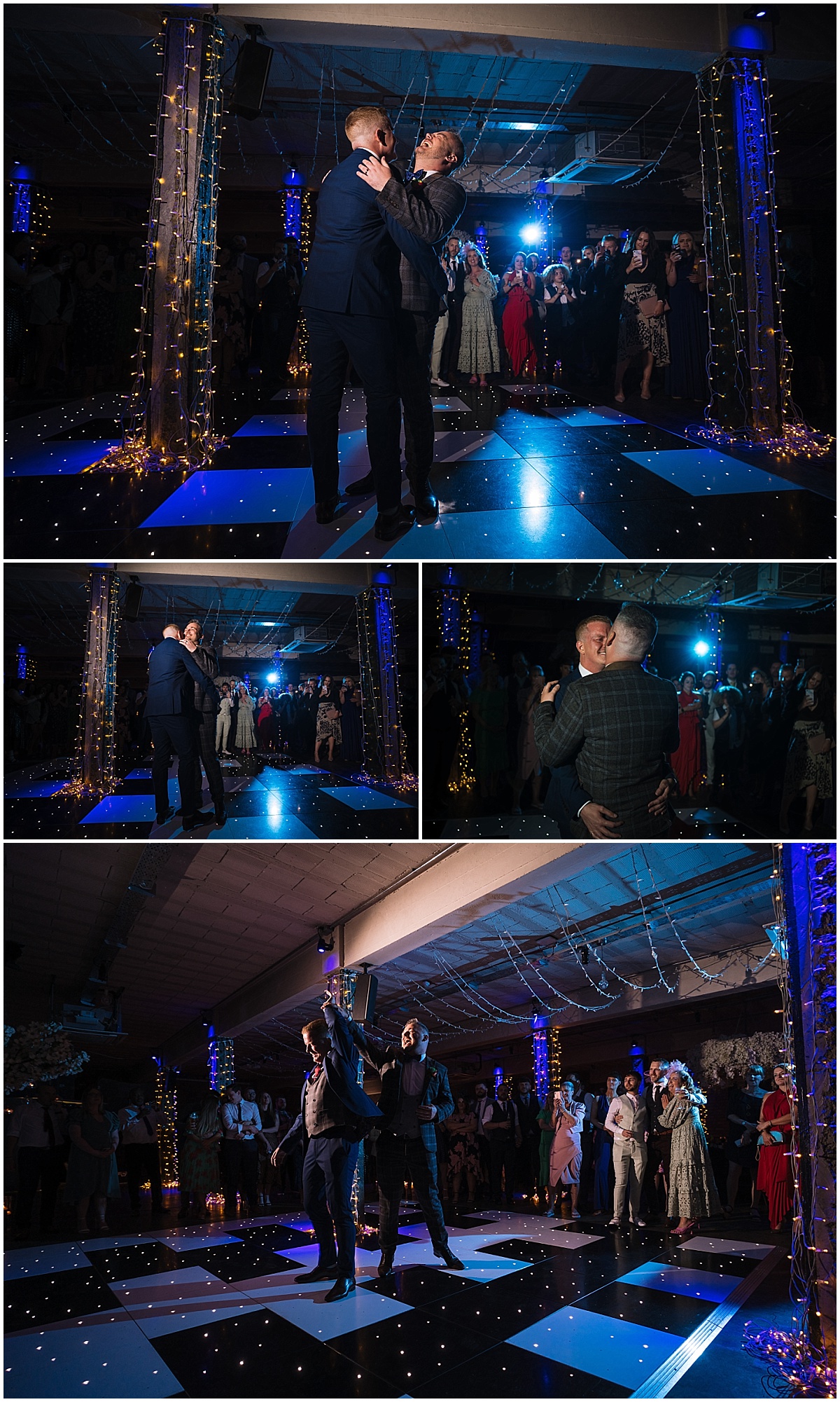 Two grooms share their first dance at Victoria Warehouse Wedding