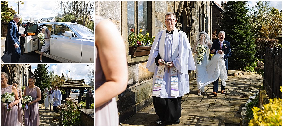 bride arrives at the church ahead of her stanley house wedding