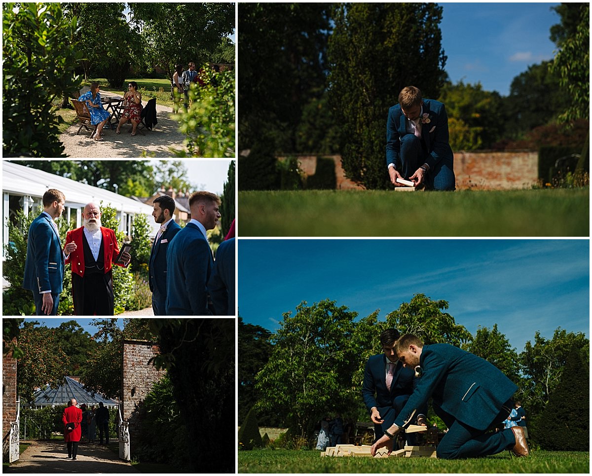 groomsmen set up wedding lawn games at combermere abbey