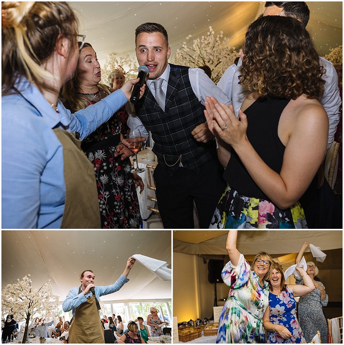 singing waiters start the party at combermere abbey wedding