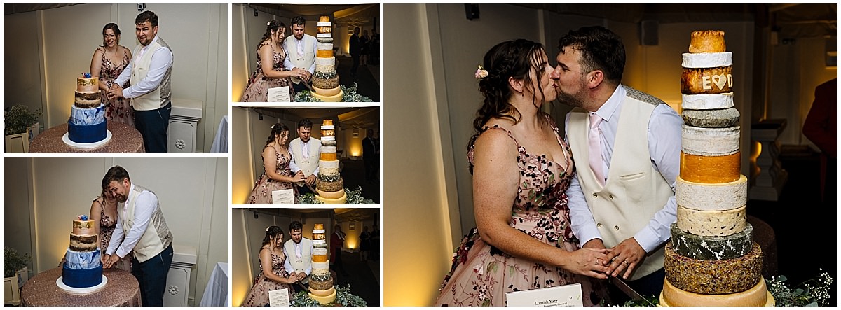 married couple cut the cake and incredible cheese tower at combermere abbey wedding