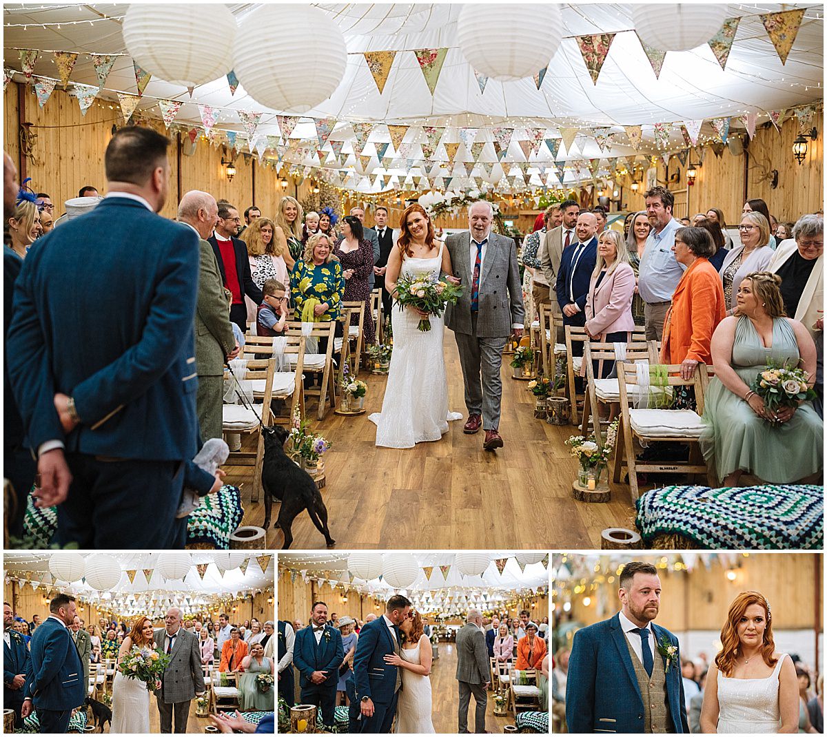 bride walks dwn the aisle to meet her groom at the wellbeing farm wedding