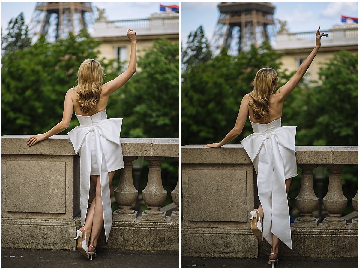 bride in short wedding dress with large bow on the back