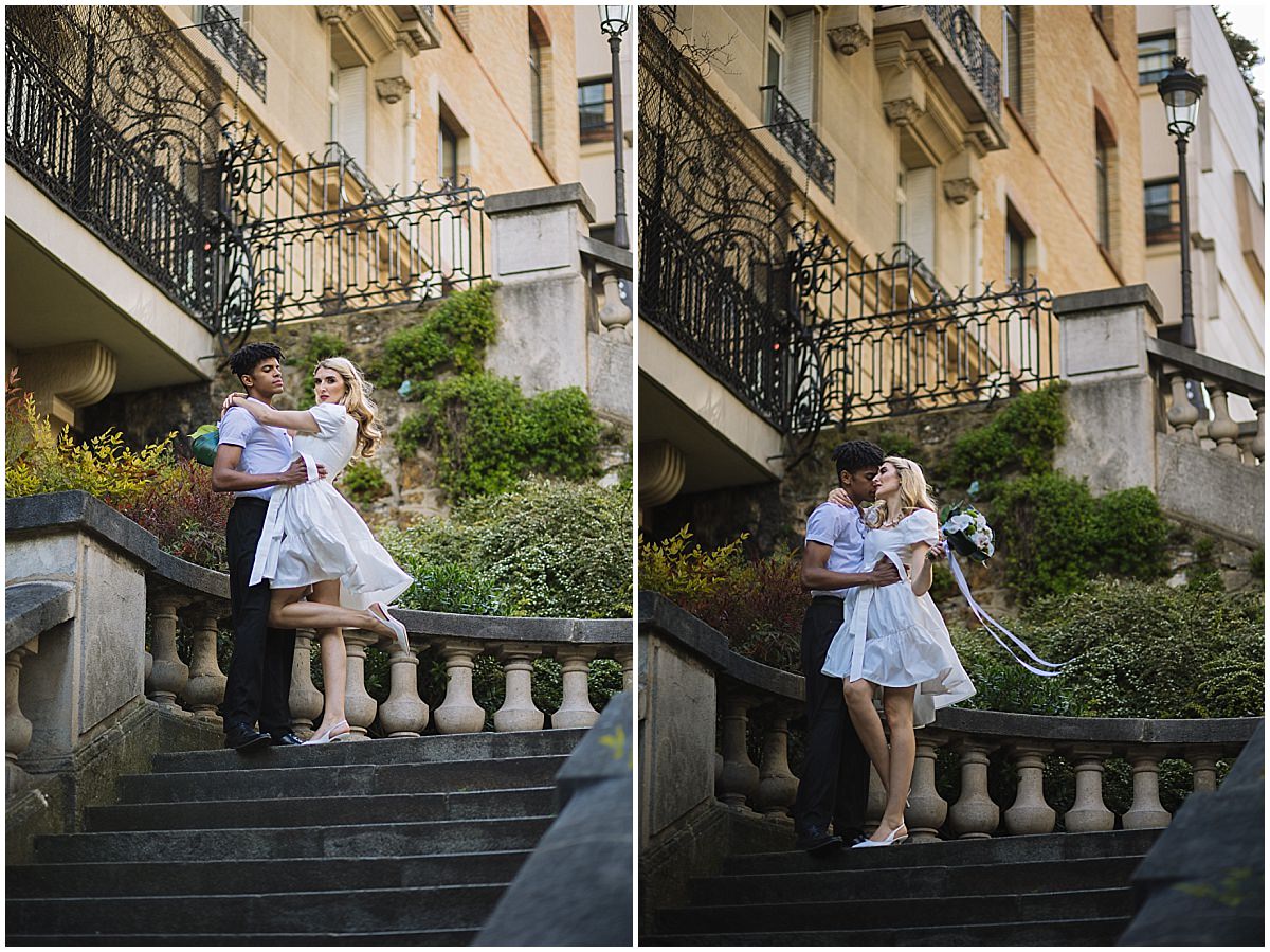european wedding photography. Couple embrace on parisian stairs