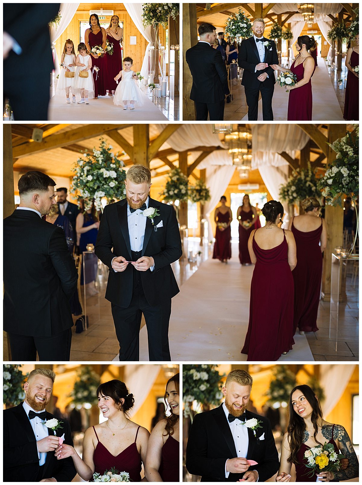 A groom prepares for his wedding, surrounded by bridesmaids and flower girls in a beautifully decorated venue.