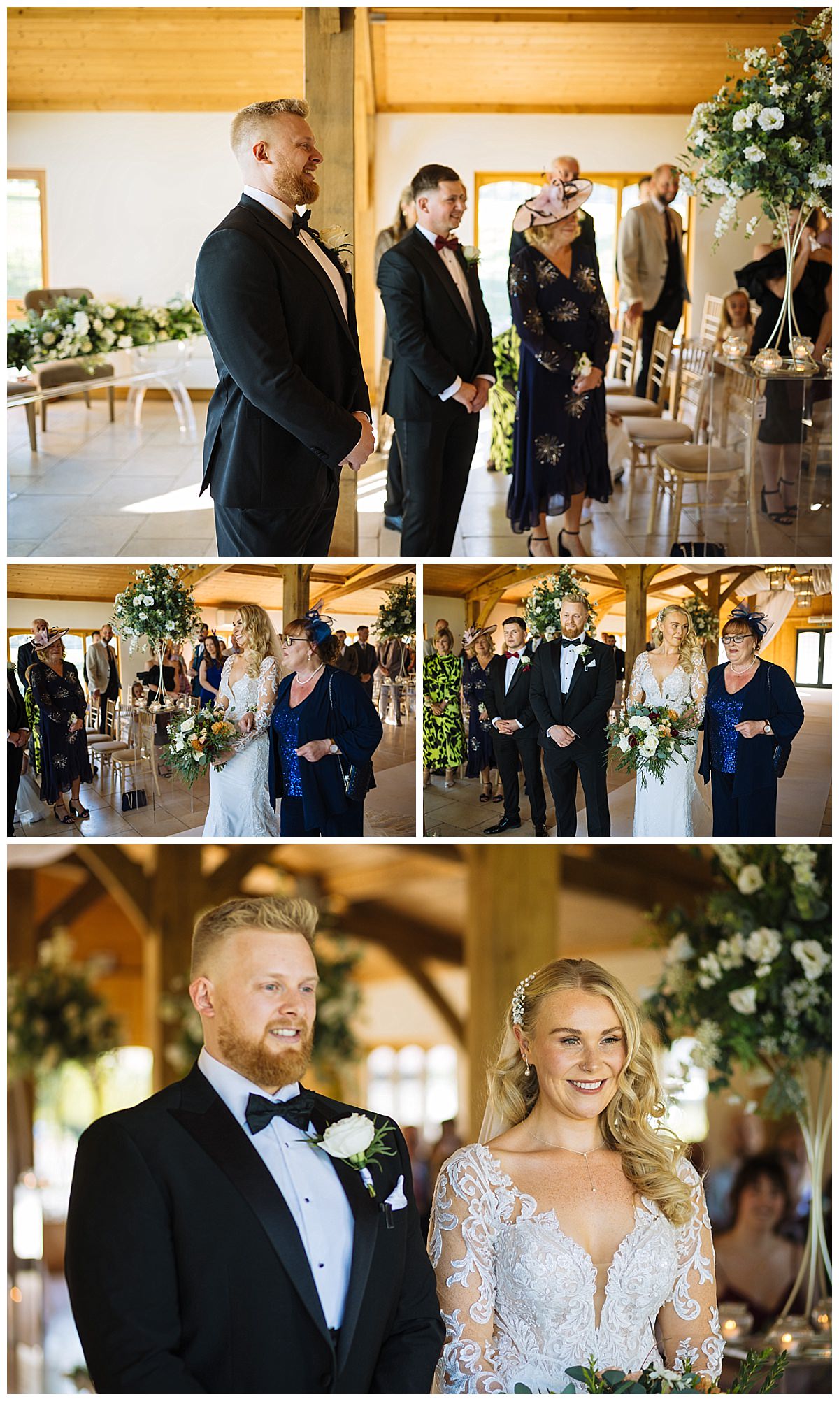 A bride and groom stand together during their wedding ceremony at Colshaw Hall, surrounded by guests in an elegant venue adorned with floral arrangements.