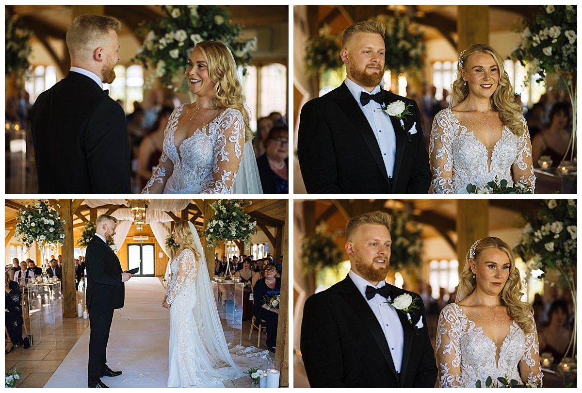 A collage of a couple exchanging vows during their wedding ceremony, showcasing emotional expressions and a beautifully decorated venue with floral arrangements.