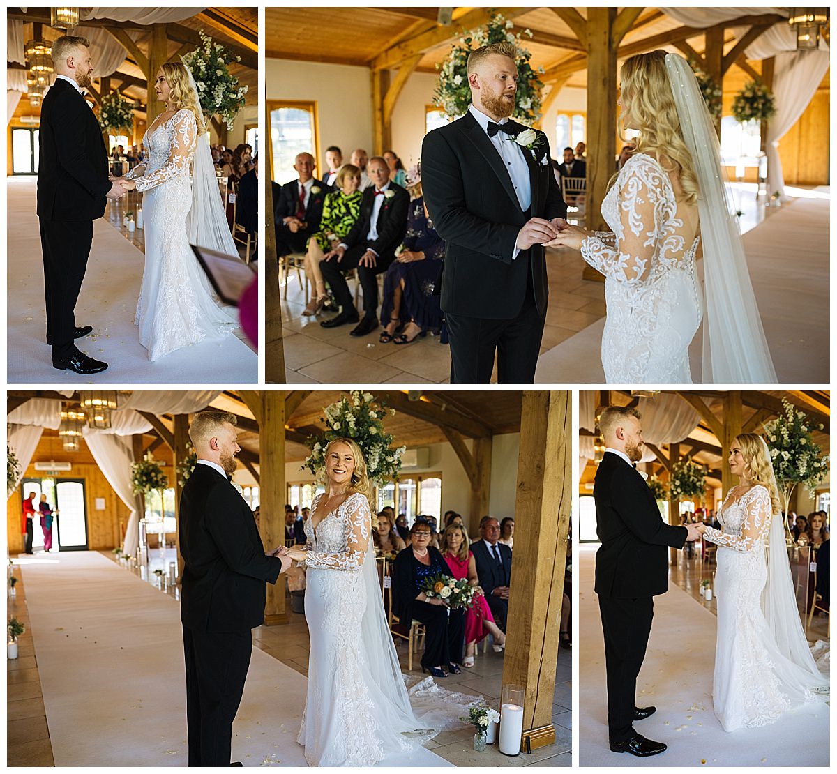 A collage of moments from a wedding ceremony, featuring a couple exchanging vows and rings, surrounded by guests in a beautifully decorated venue.