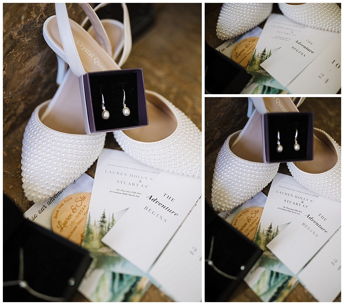 A pair of elegant pearl earrings in a box placed next to stylish beaded white shoes and wedding invitation materials.