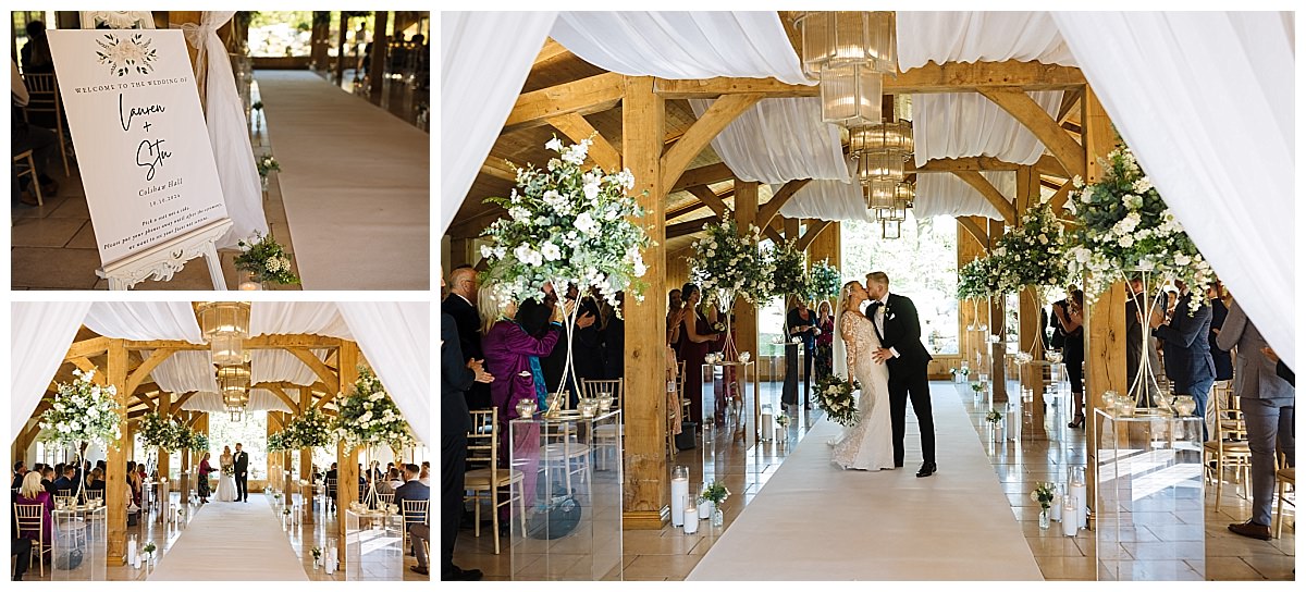 A beautiful wedding ceremony capturing the couple's first kiss amidst elegant floral arrangements and a warmly decorated venue.