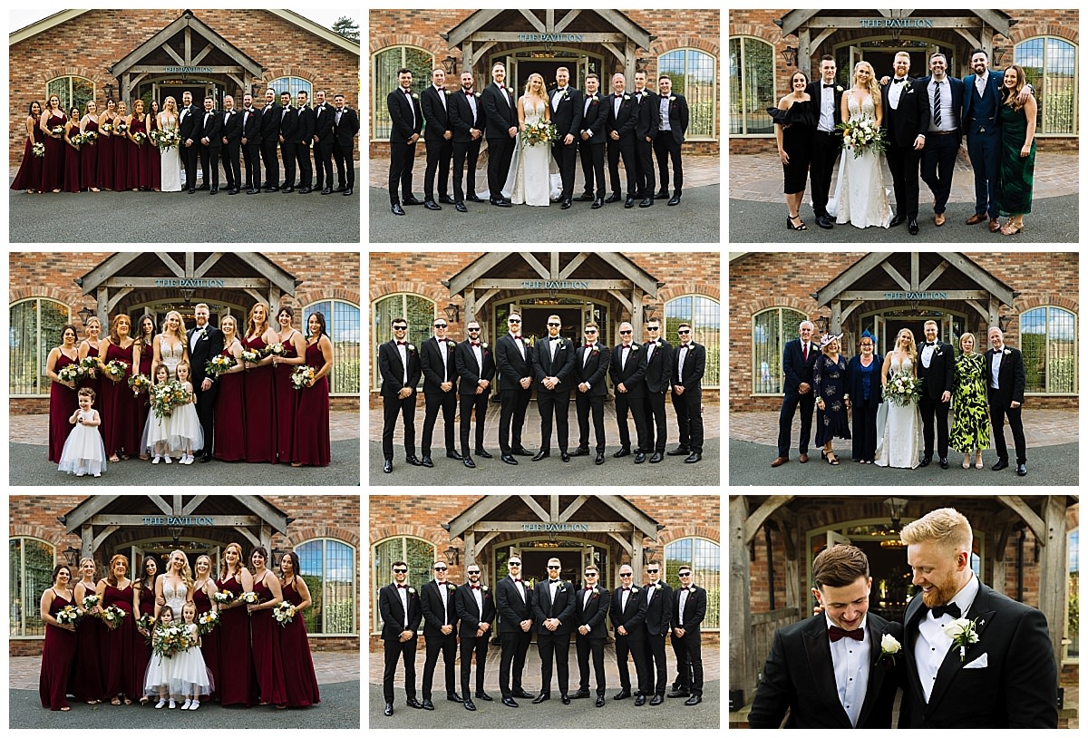 A collage featuring a wedding party, including the bride, groom, bridesmaids, and groomsmen in formal attire, posing in front of a rustic building.