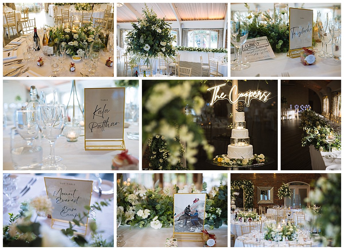 A beautifully decorated wedding reception featuring floral arrangements, personalized table signs, and a multi-tiered cake display.