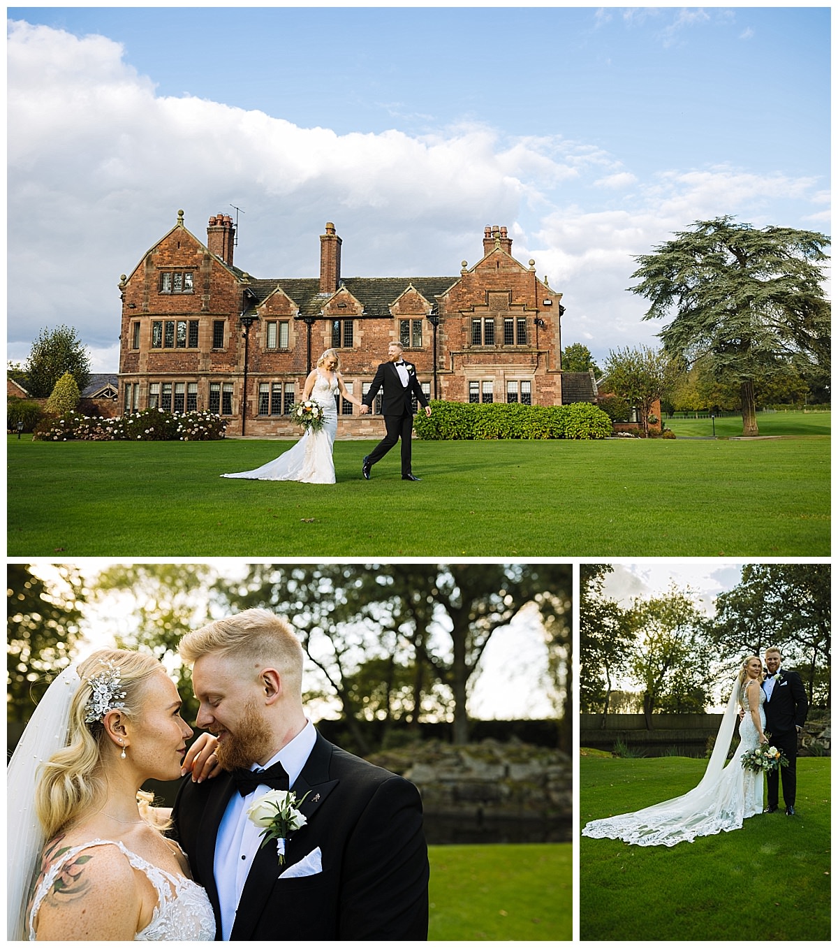 A stunning couple strolls hand-in-hand across a lush green lawn, framed by a beautiful historic estate and a picturesque sky, capturing the essence of their special day.