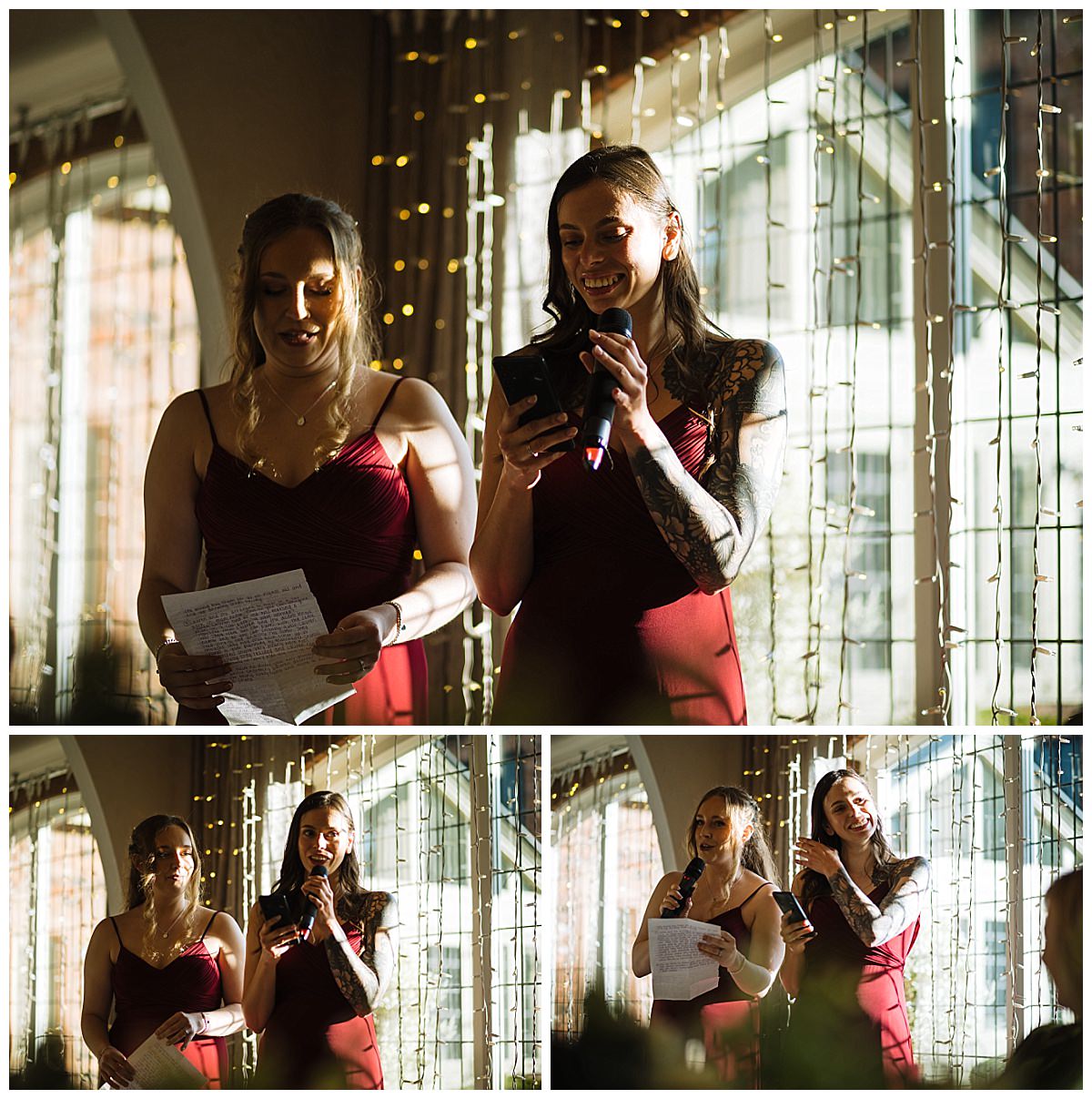 Two bridesmaids in red dresses giving emotional speeches at a wedding, illuminated by soft lighting and surrounded by festive decor.