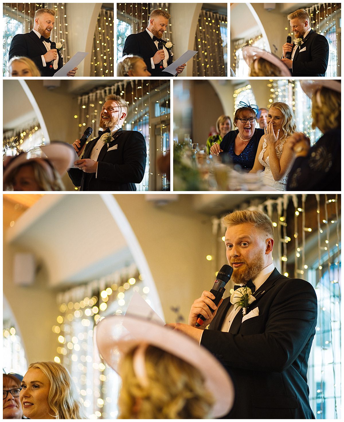 A groom delivers a heartfelt speech at a wedding reception, while guests listen and react joyfully.
