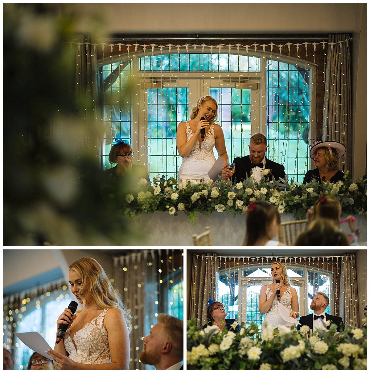 A bride delivers a heartfelt speech during her wedding reception, surrounded by family and friends at a beautifully decorated venue.
