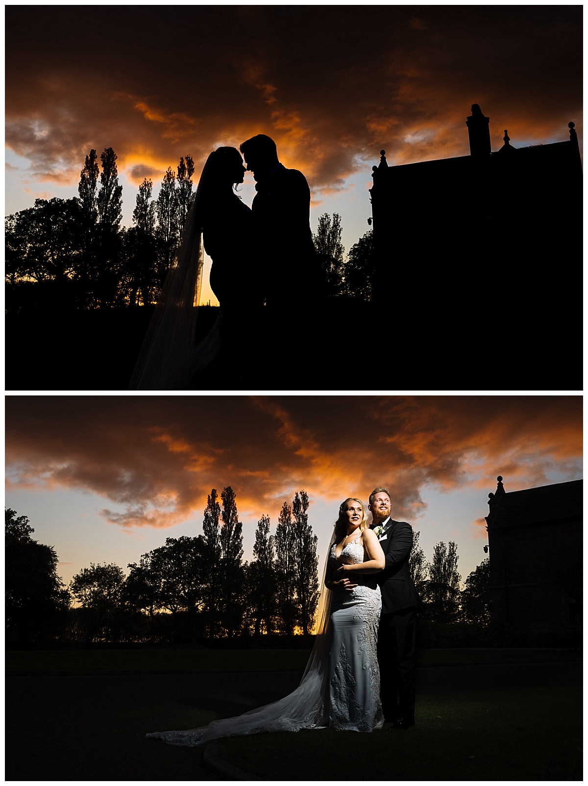 A stunning photo showcasing two wedding couples, one silhouetted against a dramatic sunset and the other smiling in the foreground, surrounded by trees and architecture.