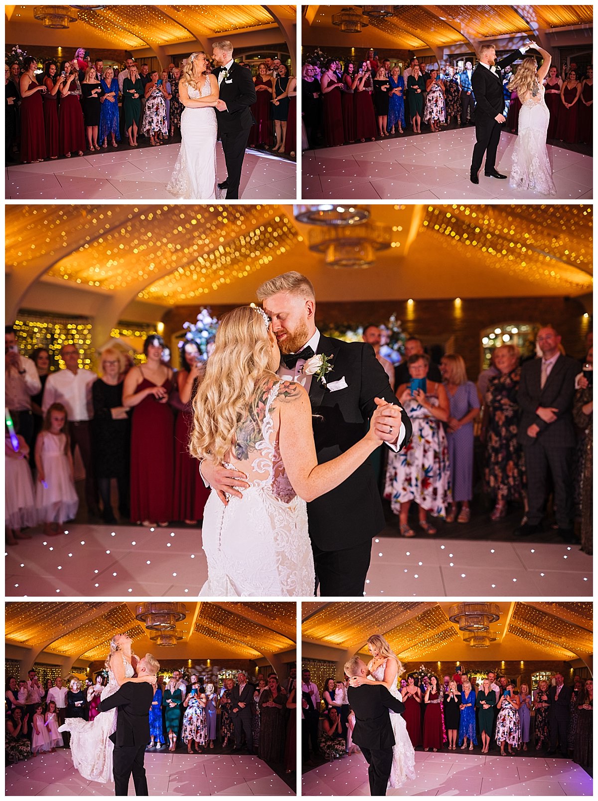 A couple shares a romantic dance during their wedding reception at Colshaw Hall, surrounded by an enthusiastic crowd in a beautifully decorated venue.