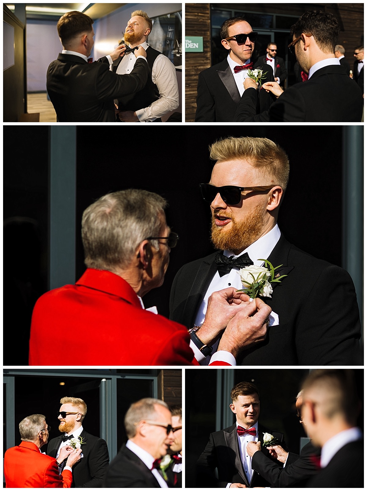 Groom adjusting his tie and receiving a boutonniere from a companion, surrounded by well-dressed friends, in a stylish outdoor setting.