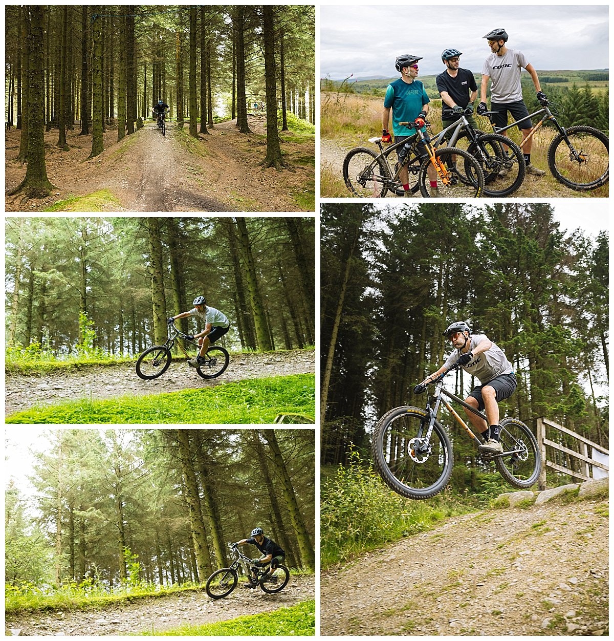 A collage of mountain bikers riding through a forest, featuring diverse trails and jumps, showcasing camaraderie and skill in an outdoor setting.