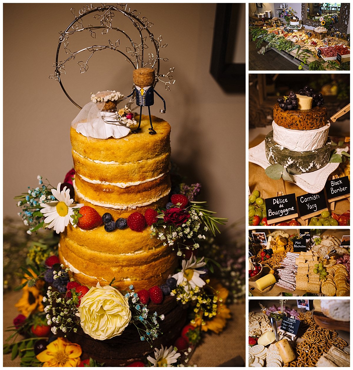 A beautifully decorated three-tiered wedding cake adorned with fresh flowers and a unique cake topper, accompanied by an array of delectable desserts and cheeses on a banquet table.