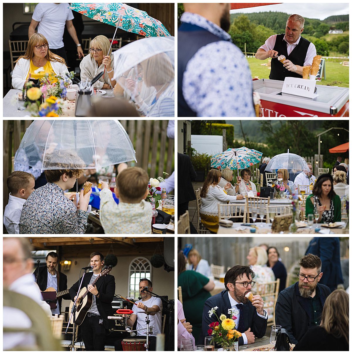 A lively outdoor gathering featuring guests under colorful umbrellas, enjoying food and drinks, with live music performed in the background.