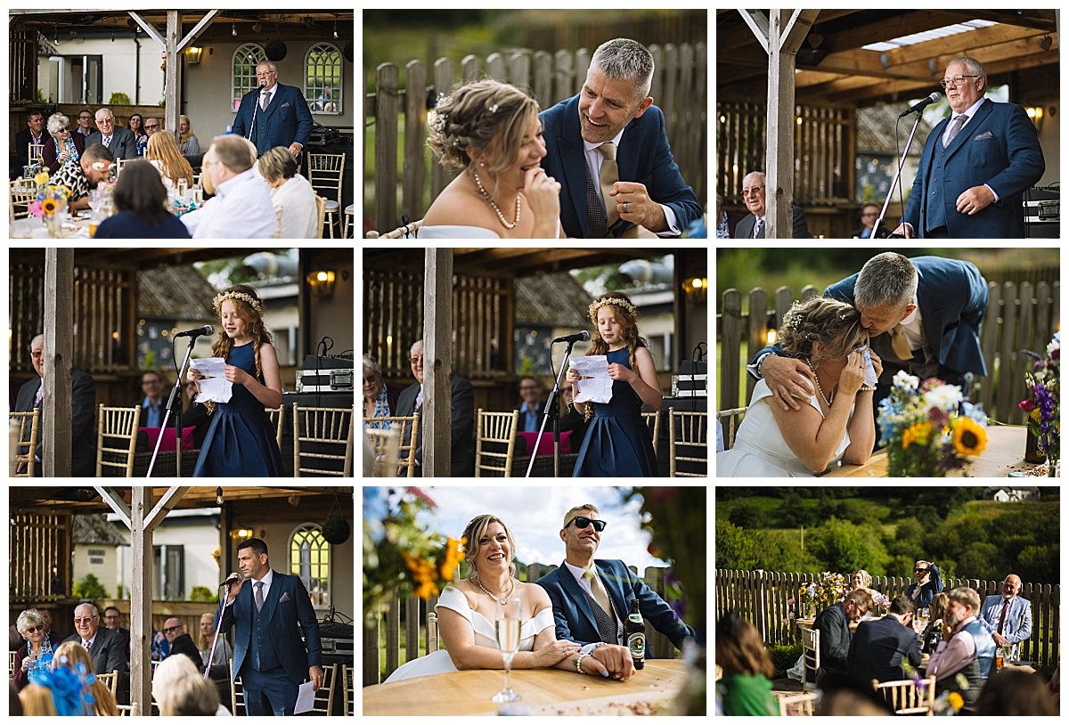 A collage capturing heartfelt speeches, emotional reactions, and joyful interactions at a wedding reception.