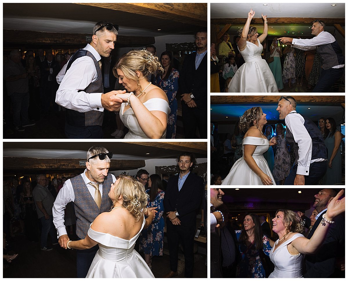 Guests enjoying lively moments on the dance floor during a wedding reception, showcasing joyful interactions and vibrant atmosphere.