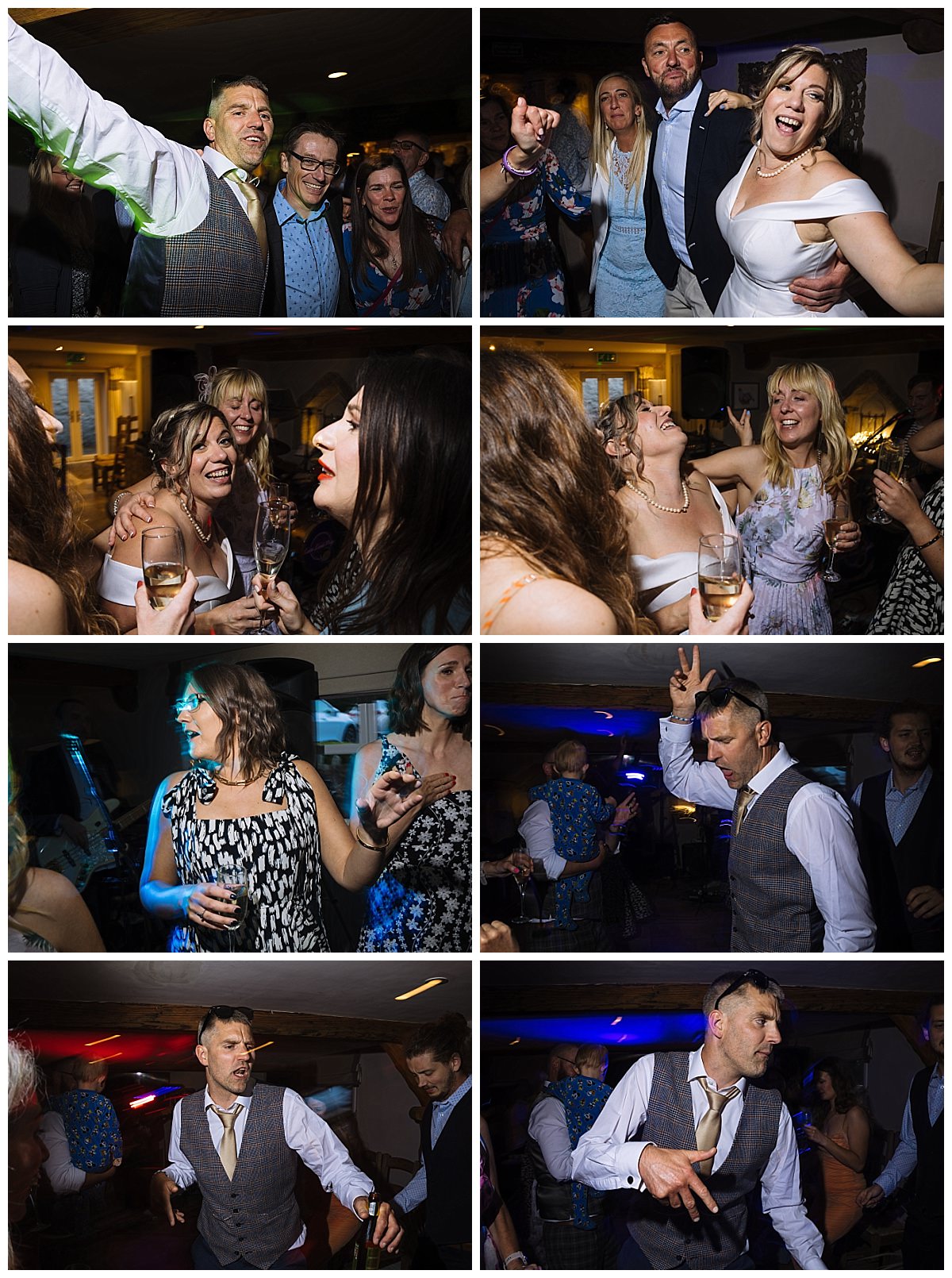 A lively scene capturing joyful guests dancing and enjoying their time at a celebration, with drinks in hand and vibrant expressions.