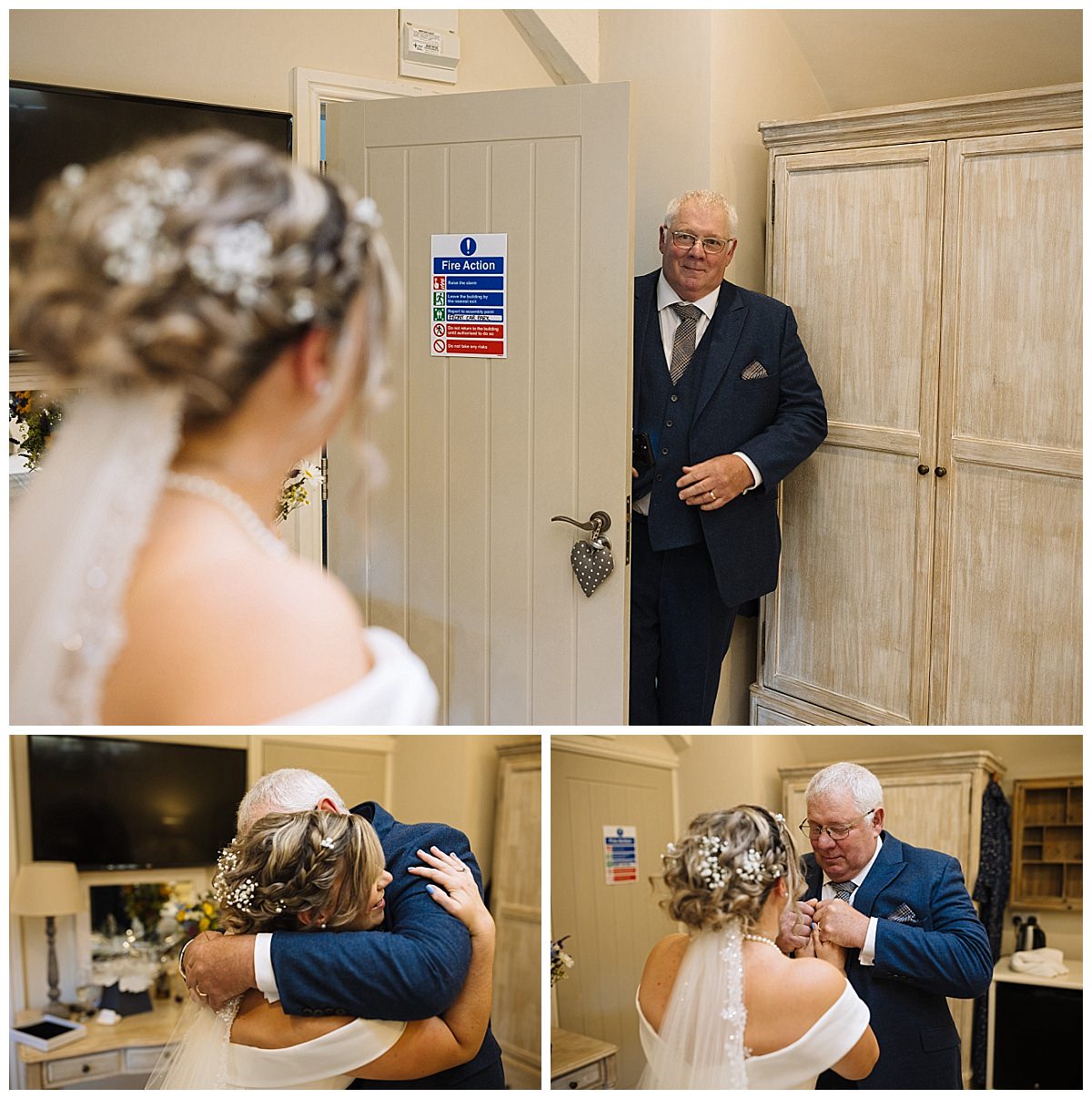 A bride and her father share an emotional moment as they embrace upon seeing each other before the wedding ceremony.