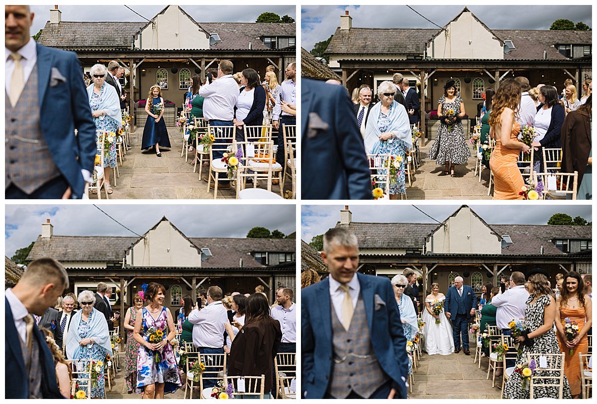 A series of frames capturing guests seated and an elegant bridal procession in a scenic outdoor setting, adorned with colorful flower arrangements.